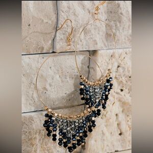 Elegant Gold and Black Beaded Hoop Earrings